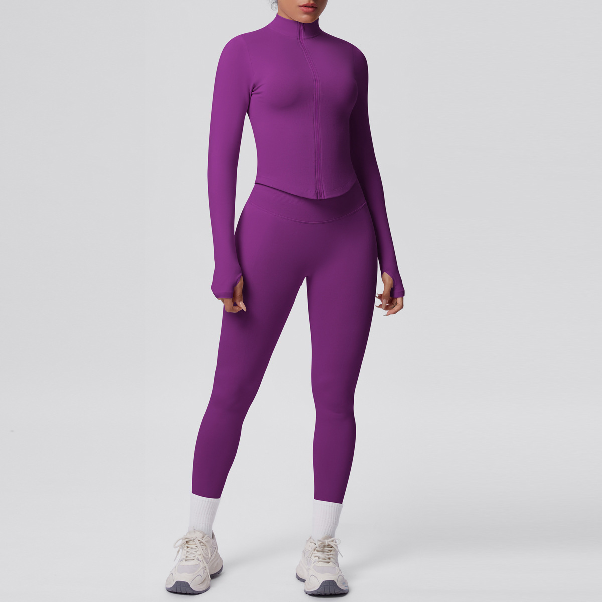 Naked Soft Fitness Set, Zip Up High Neck Jacket With Thumb Holes 10 Colors, Tummy Control Compression Leggings 10 Colors, YFYS6704+YFYS6688
