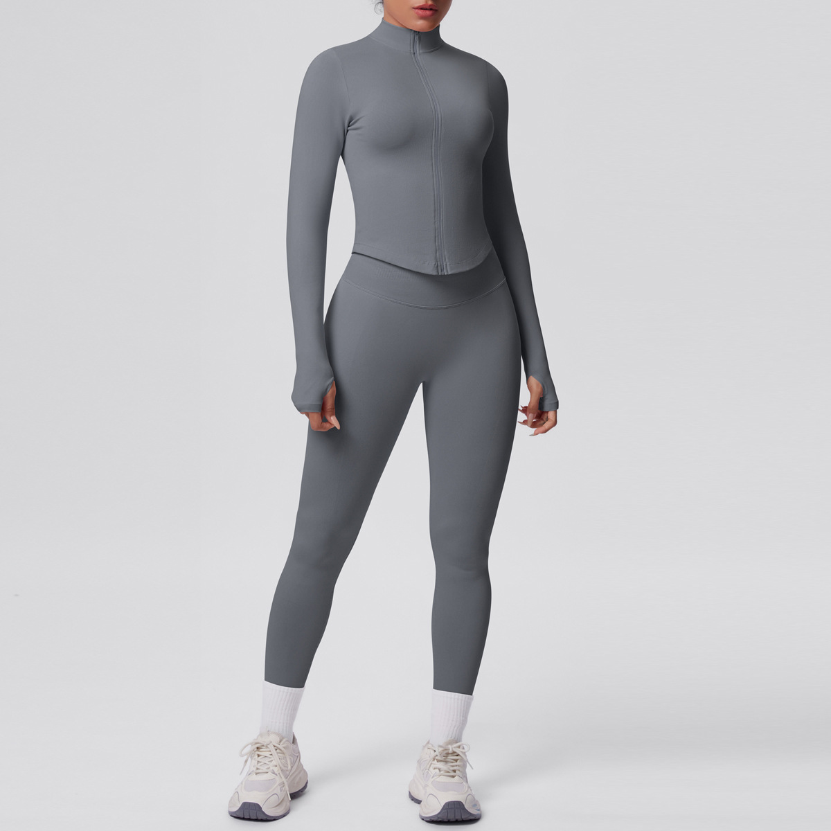 Naked Soft Fitness Set, Zip Up High Neck Jacket With Thumb Holes 10 Colors, Tummy Control Compression Leggings 10 Colors, YFYS6704+YFYS6688