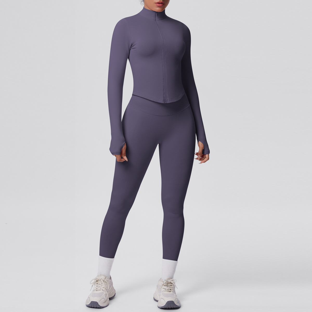 Naked Soft Fitness Set, Zip Up High Neck Jacket With Thumb Holes 10 Colors, Tummy Control Compression Leggings 10 Colors, YFYS6704+YFYS6688