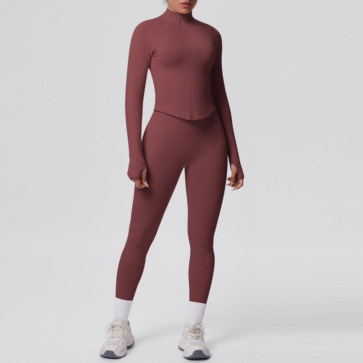 Naked Soft Fitness Set, Zip Up High Neck Jacket With Thumb Holes 10 Colors, Tummy Control Compression Leggings 10 Colors, YFYS6704+YFYS6688