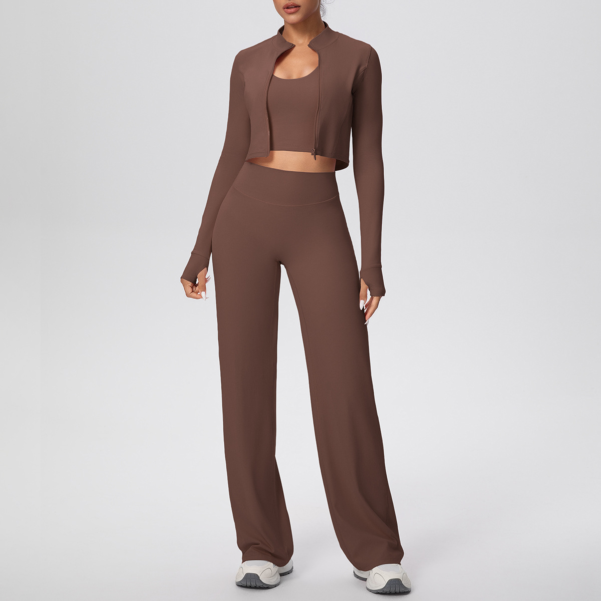 Women Zip Up Long Sleeve 3-Piece Yoga Outfit, Full Zip Cropped Jacket+Round Neck Long Sleeve Tank Top 10 Colors, High Waist Butt Lifting Full Length Leggings 10 Colors, YFYS7102+YFYS7106+YFYS7100