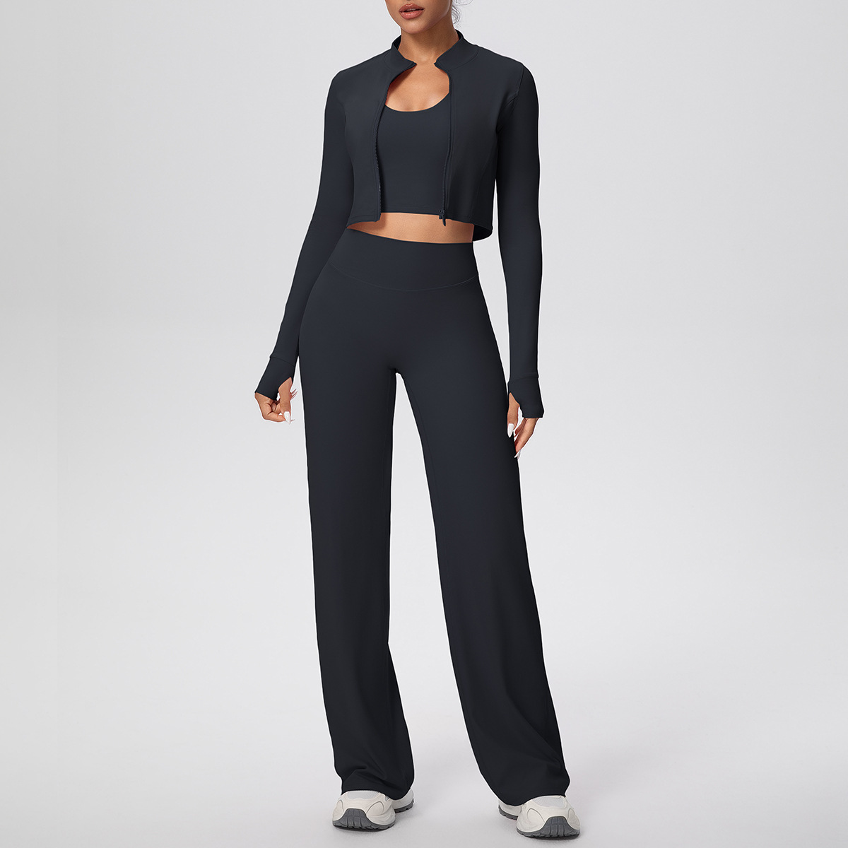 Women Zip Up Long Sleeve 3-Piece Yoga Outfit, Full Zip Cropped Jacket+Round Neck Long Sleeve Tank Top 10 Colors, High Waist Butt Lifting Full Length Leggings 10 Colors, YFYS7102+YFYS7106+YFYS7100