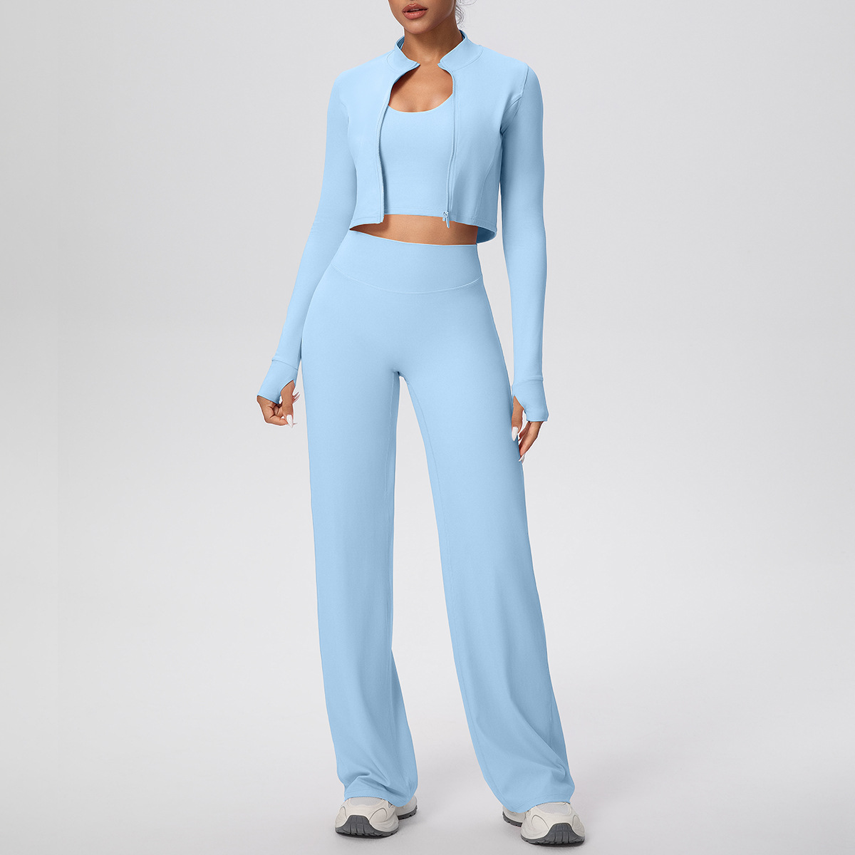 Women Zip Up Long Sleeve 3-Piece Yoga Outfit, Full Zip Cropped Jacket+Round Neck Long Sleeve Tank Top 10 Colors, High Waist Butt Lifting Full Length Leggings 10 Colors, YFYS7102+YFYS7106+YFYS7100