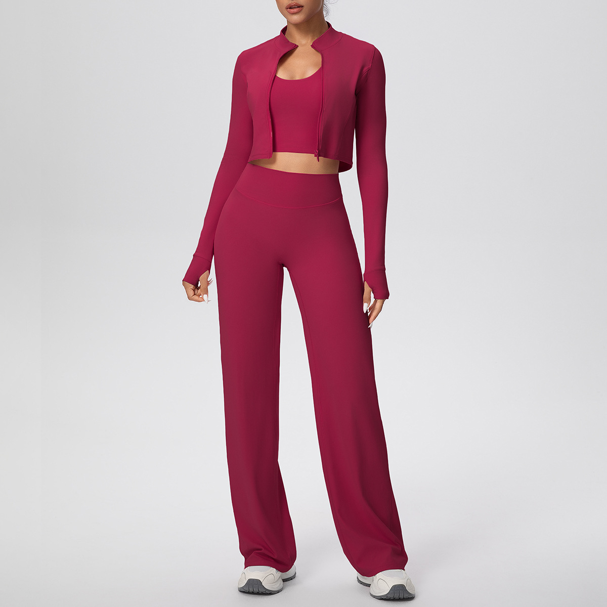 Women Zip Up Long Sleeve 3-Piece Yoga Outfit, Full Zip Cropped Jacket+Round Neck Long Sleeve Tank Top 10 Colors, High Waist Butt Lifting Full Length Leggings 10 Colors, YFYS7102+YFYS7106+YFYS7100