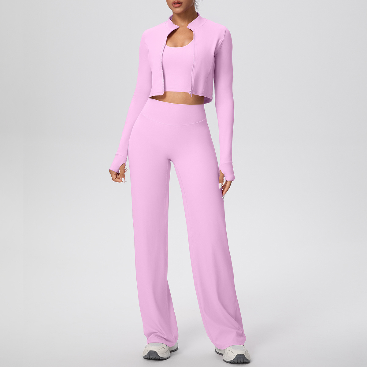 Women Zip Up Long Sleeve 3-Piece Yoga Outfit, Full Zip Cropped Jacket+Round Neck Long Sleeve Tank Top 10 Colors, High Waist Butt Lifting Full Length Leggings 10 Colors, YFYS7102+YFYS7106+YFYS7100