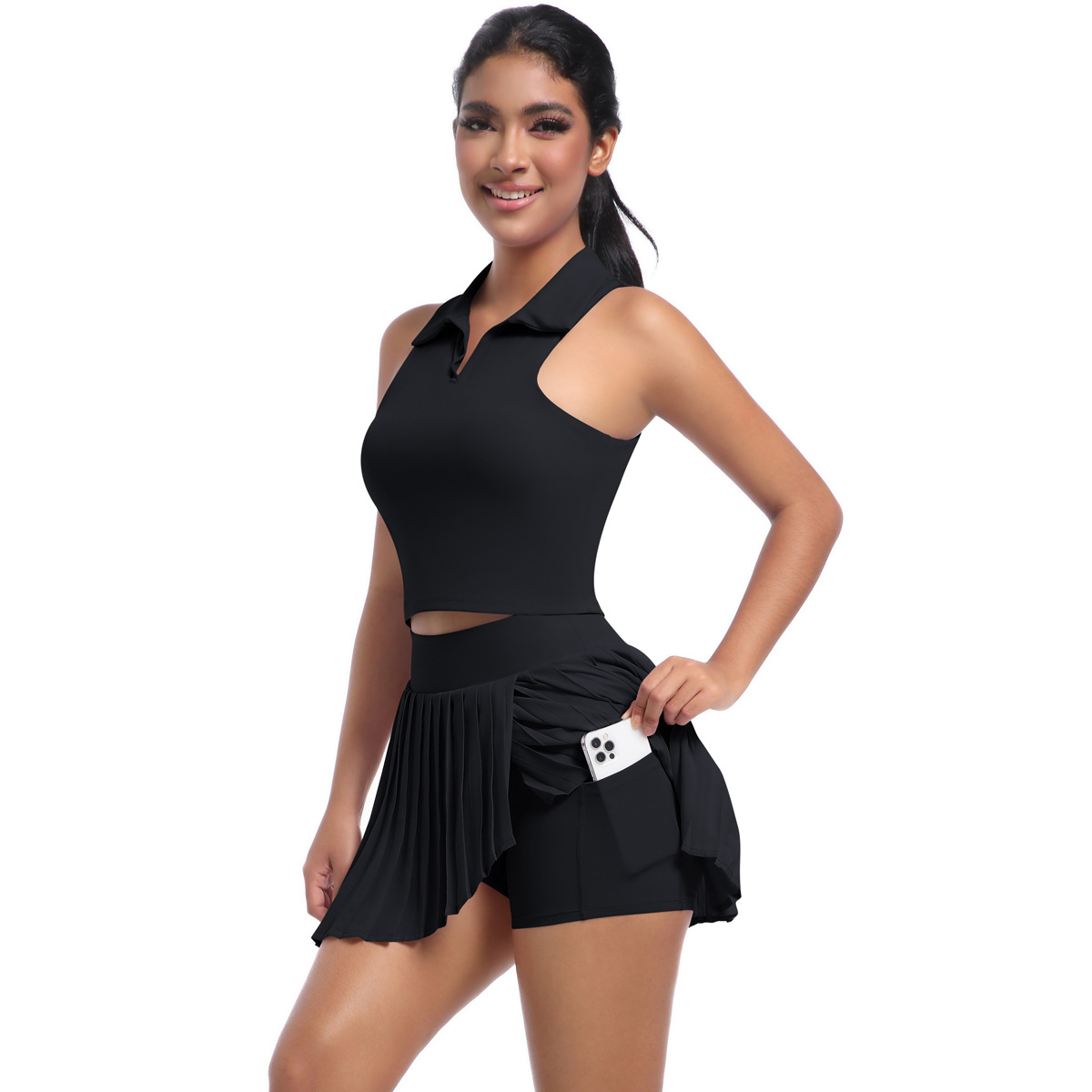 Naked Soft Fitness Set, Polo Collar Sleeveless Crop Tank Top 6 Colors, Tummy Control Pleated Skort With Pocket 6 Colors, YFYS7084+YFYS7083