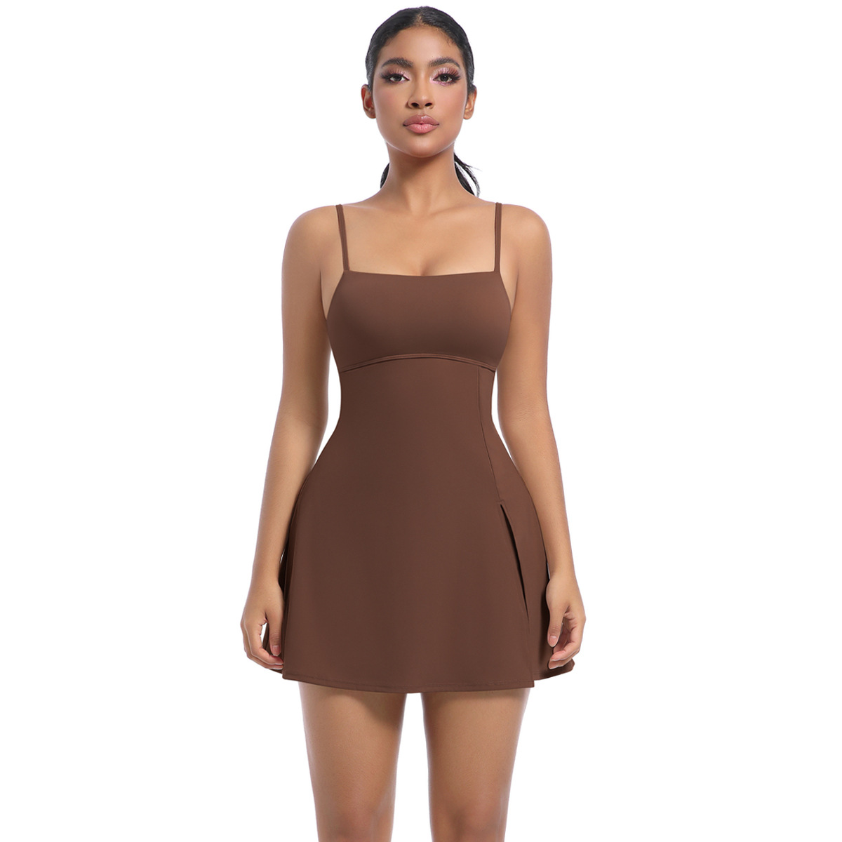 Naked Soft Fitness Dress Set, Spaghetti Strap Square Neck Workout Mini Dress 7 Colors, Tummy Control Integrated Short Liner Dress 7 Colors, YFYS7080