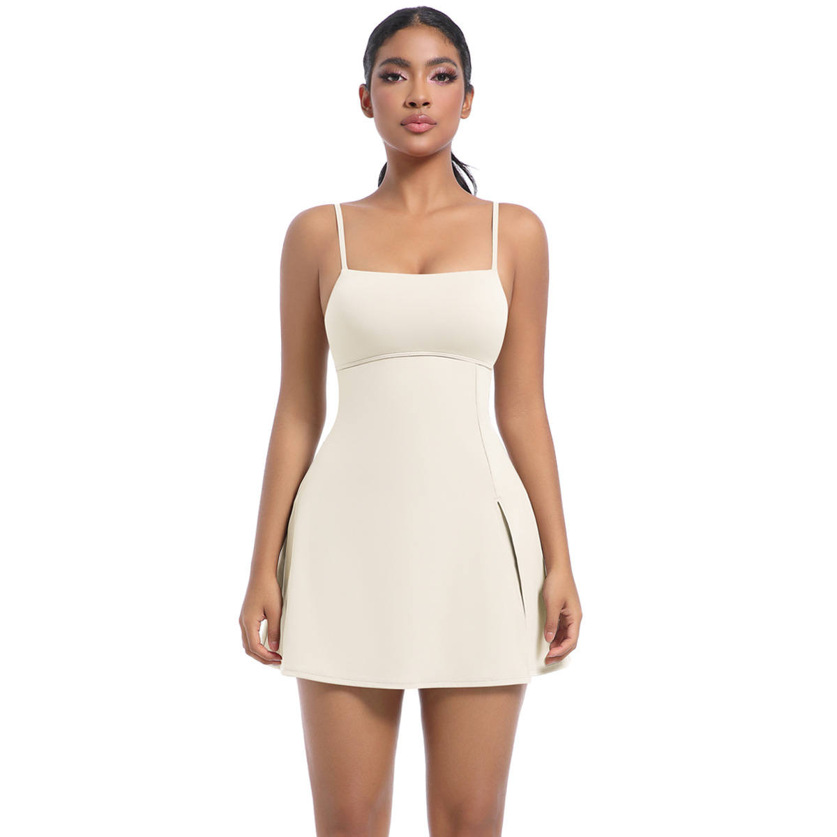 Naked Soft Fitness Dress Set, Spaghetti Strap Square Neck Workout Mini Dress 7 Colors, Tummy Control Integrated Short Liner Dress 7 Colors, YFYS7080