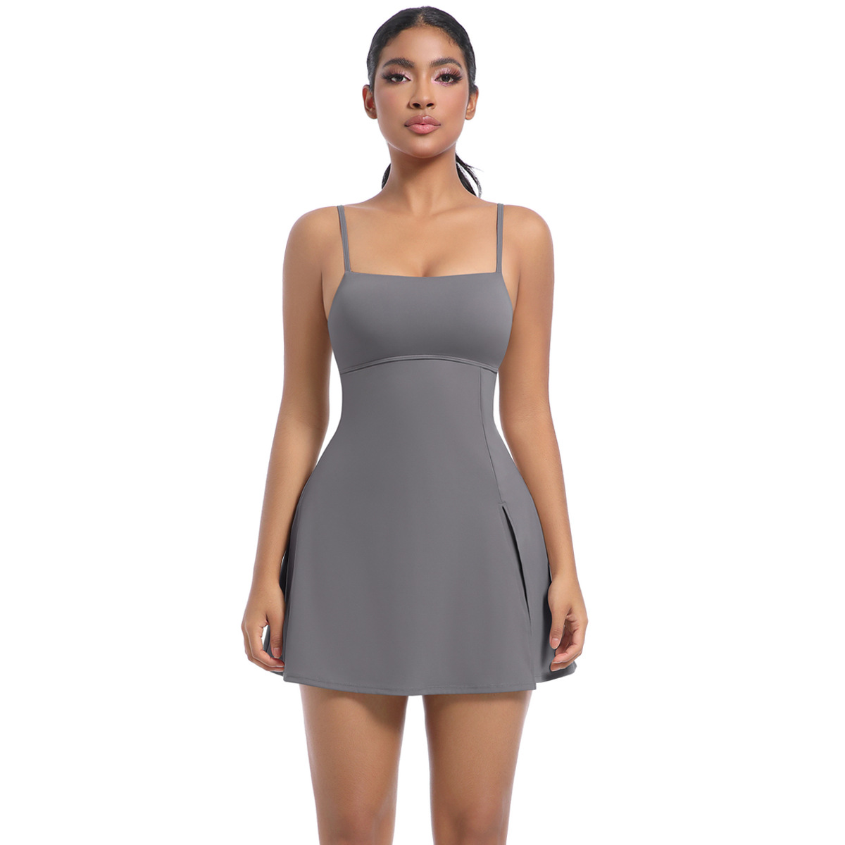 Naked Soft Fitness Dress Set, Spaghetti Strap Square Neck Workout Mini Dress 7 Colors, Tummy Control Integrated Short Liner Dress 7 Colors, YFYS7080