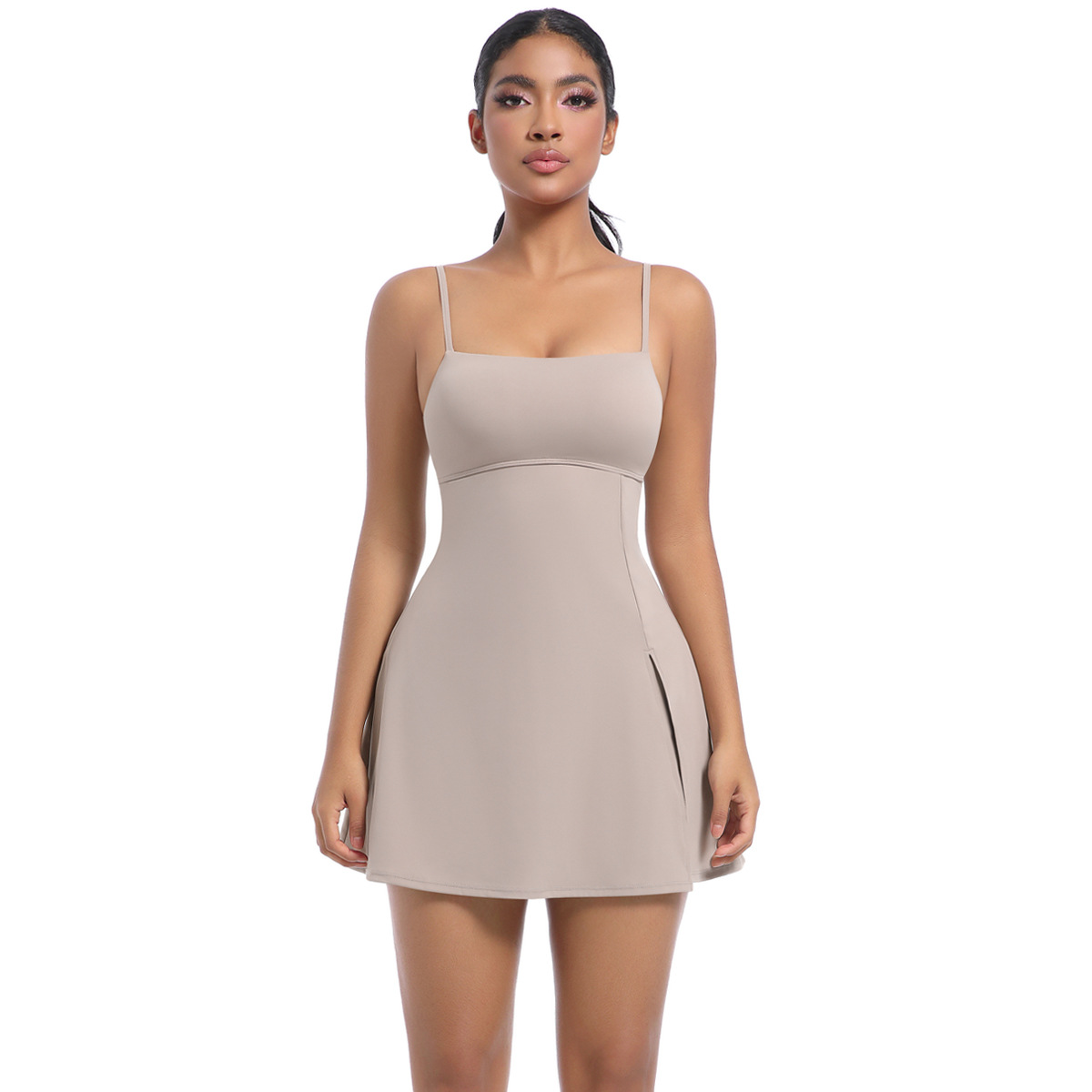 Naked Soft Fitness Dress Set, Spaghetti Strap Square Neck Workout Mini Dress 7 Colors, Tummy Control Integrated Short Liner Dress 7 Colors, YFYS7080