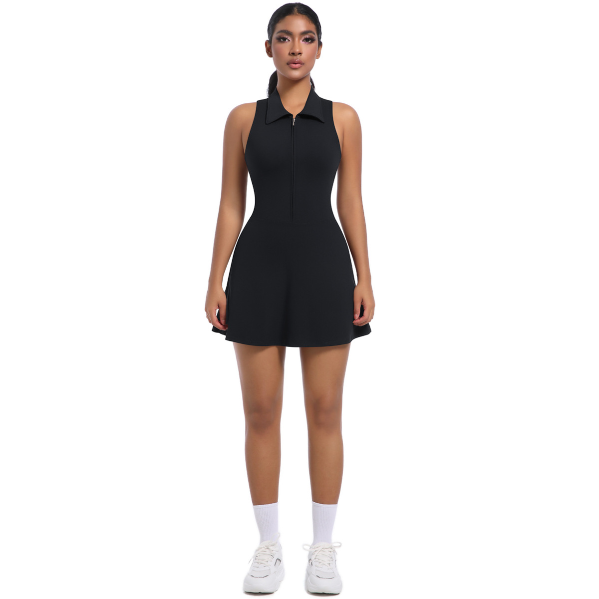 Women Zip Polo Collar Sleeveless Integrated Tennis Dress, Half Zip Polo Halter Athletic Mini Dress With Built-in Anti-exposure Shorts 6 Colors, YFYS6676