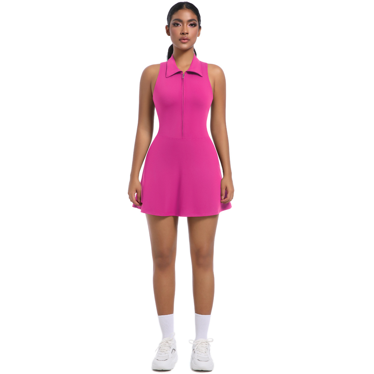 Women Zip Polo Collar Sleeveless Integrated Tennis Dress, Half Zip Polo Halter Athletic Mini Dress With Built-in Anti-exposure Shorts 6 Colors, YFYS6676