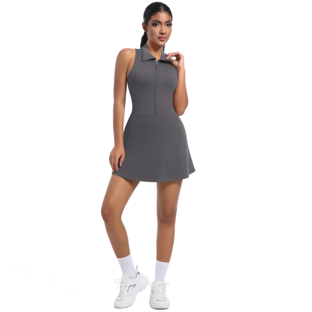 Women Zip Polo Collar Sleeveless Integrated Tennis Dress, Half Zip Polo Halter Athletic Mini Dress With Built-in Anti-exposure Shorts 6 Colors, YFYS6676