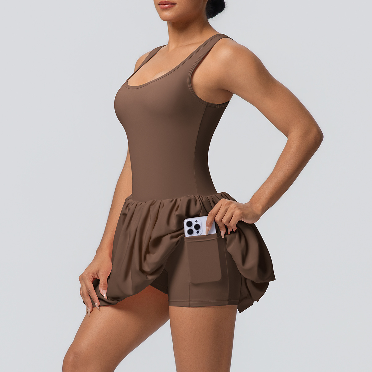 Quick Dry Training Dress, Square Neck Ruffle Hem Sleeveless Sport Dress 5 Colors, Solid Color Tight Integrated Shorts Tennis Dress With Pocket 5 Colors, YFYS7090