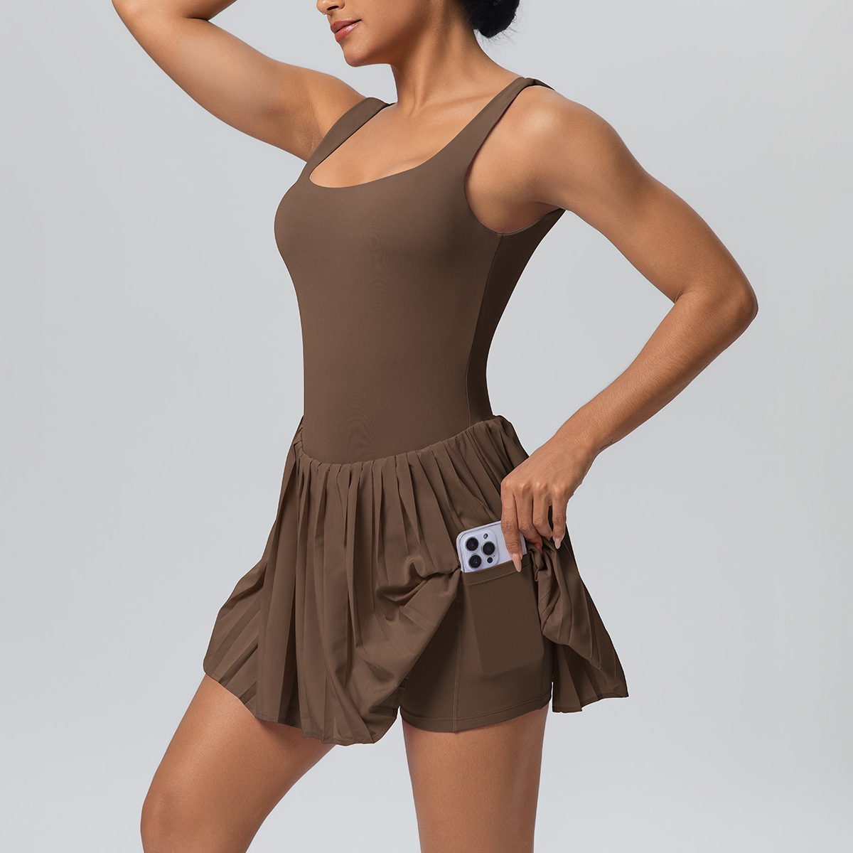Women Square Neck Sleeveless Pleated Integrated Tennis Dress, Square Neck Tank Pleated Skirt With Built-in Chest Pads & Anti-exposure Shorts 5 Colors, YFYS7091