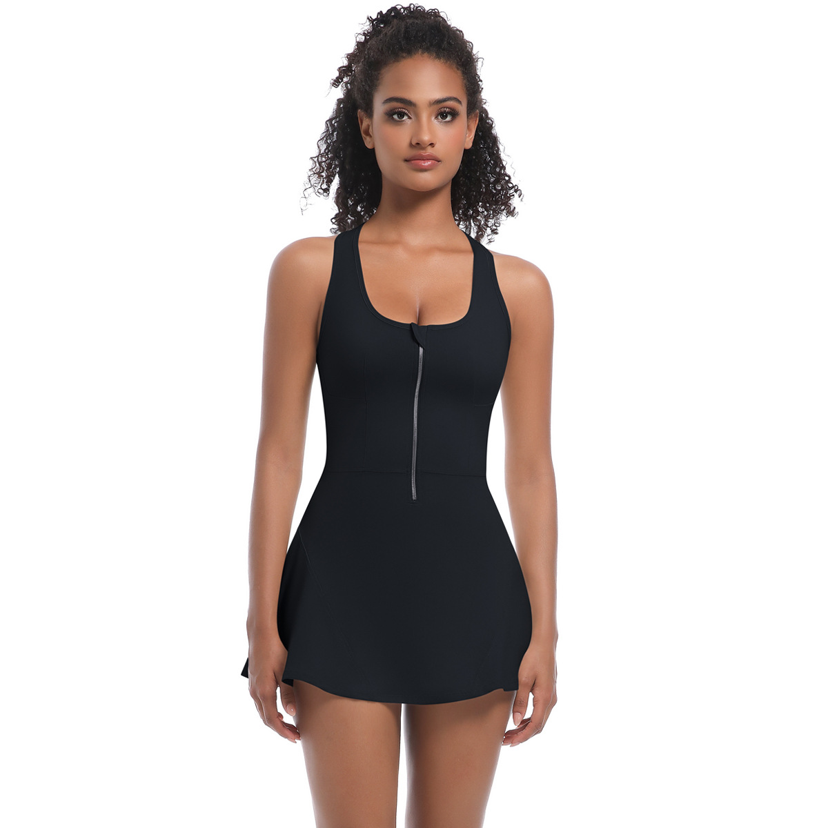 Women U-Neck Half-Zip Sleeveless Integrated Tennis Dress, U Neck Half Zip Racerback Athletic Mini Dress With Built-in Anti-exposure Shorts 5 Colors, YFYS7085