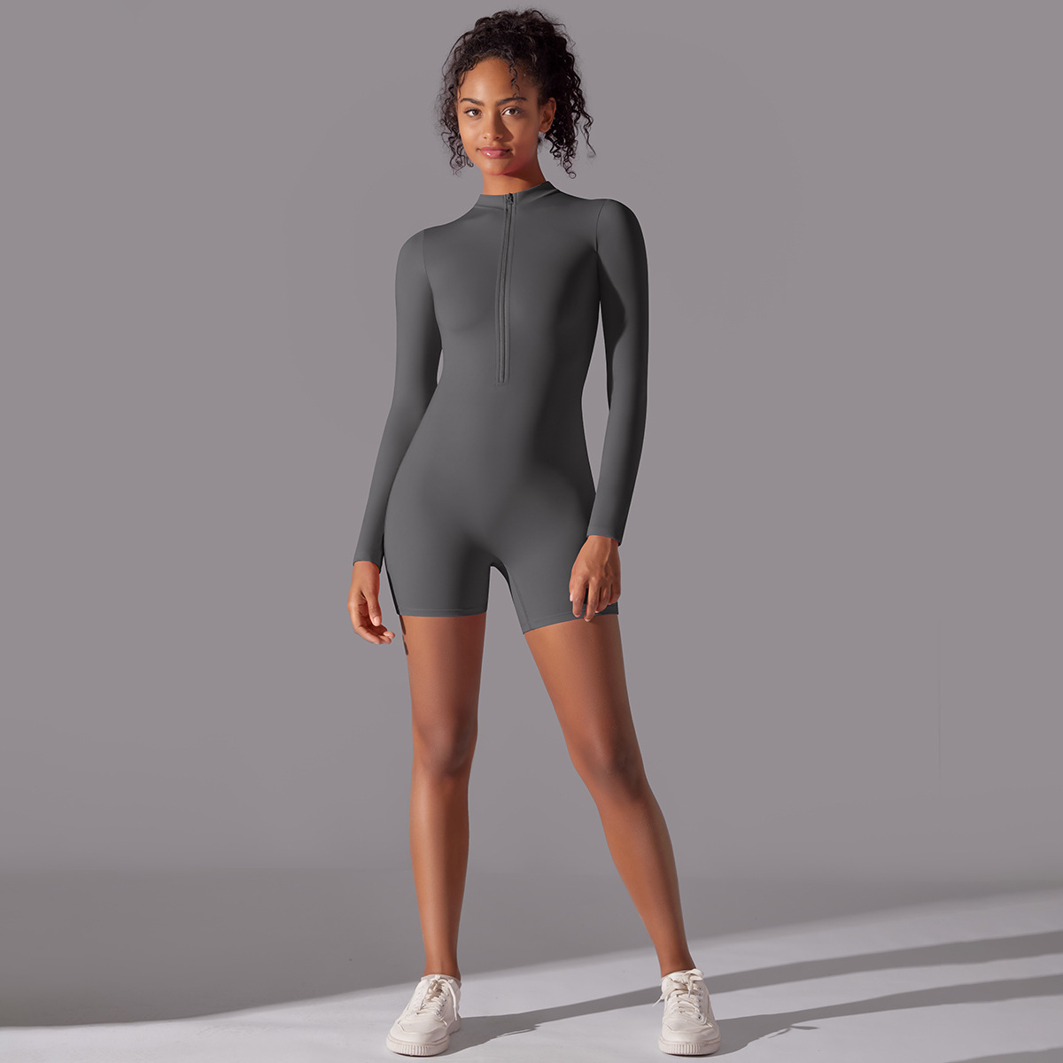 Women Half Zip Mock Neck Long Sleeve Short Jumpsuit, Half Zip Stand Collar Long Sleeve Tight Short Bodysuit 7 Colors, YFYS6646
