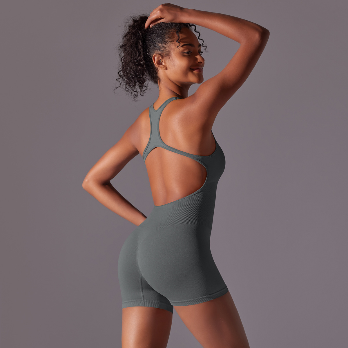 Women Y-Back Sleeveless Short Jumpsuit, Racerback Hollow Out Back Tight Short Bodysuit 7 Colors, YFYS6655