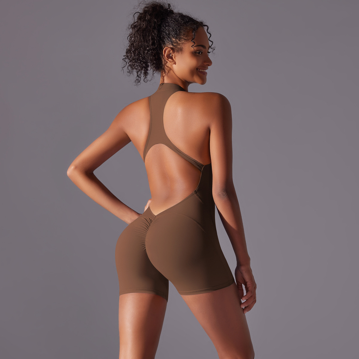 Women Half Zip Mock Neck Halter Hollow Back Short Jumpsuit, Half Zip Stand Collar Halter Big Hollow Back Tight Short Bodysuit 14 Colors, YFYS6660