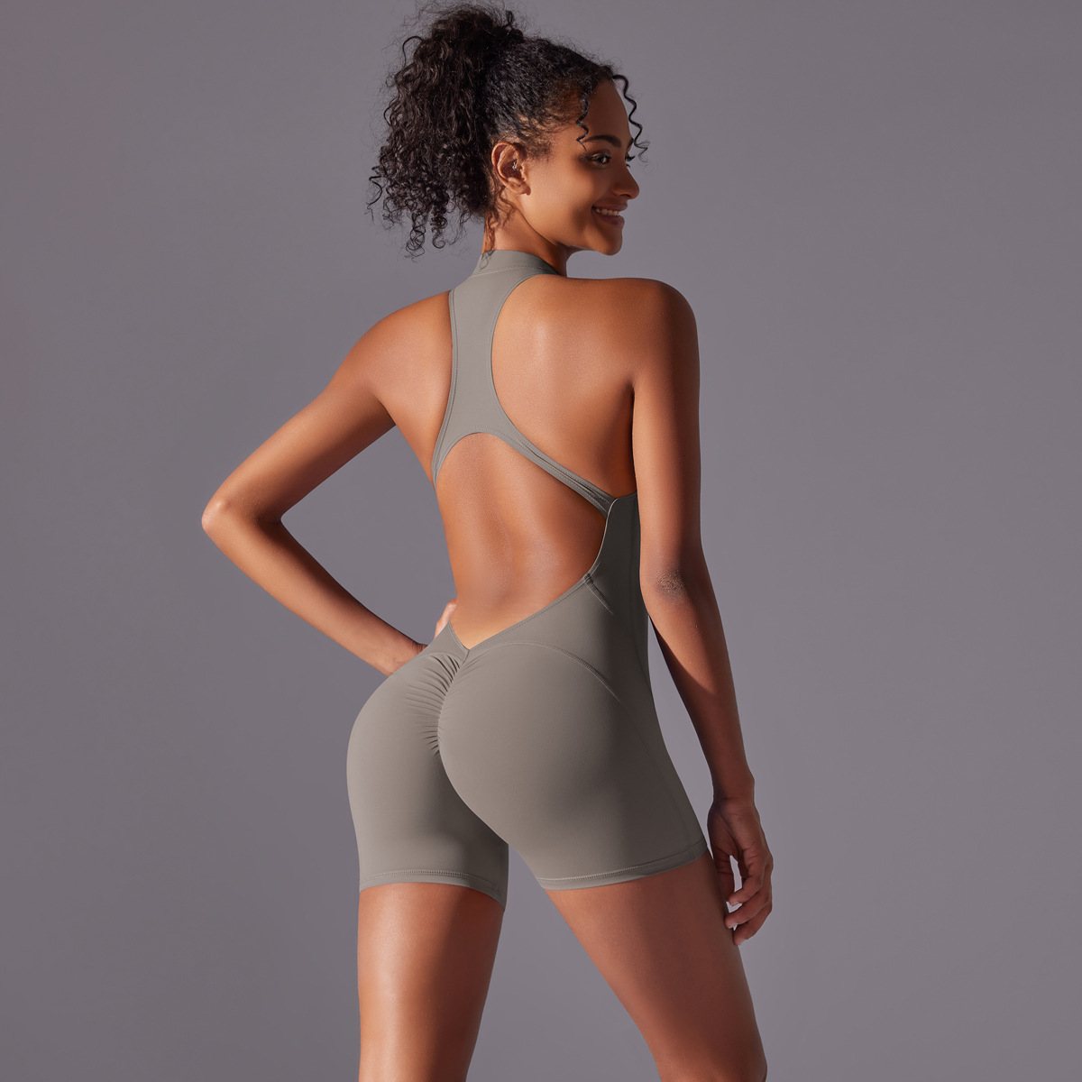 Women Half Zip Mock Neck Halter Hollow Back Short Jumpsuit, Half Zip Stand Collar Halter Big Hollow Back Tight Short Bodysuit 14 Colors, YFYS6660
