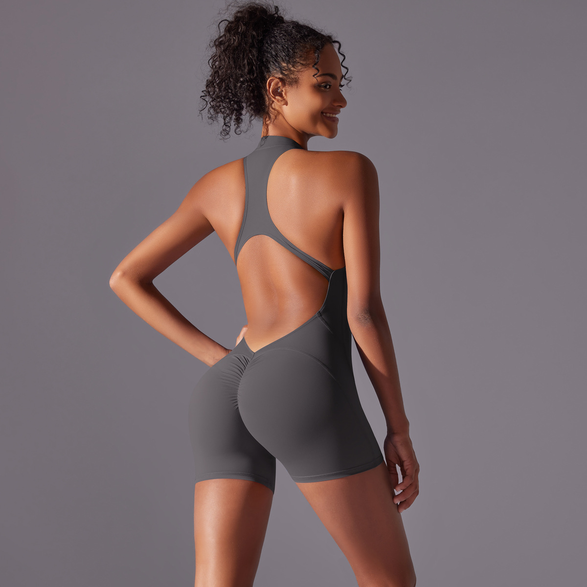 Women Half Zip Mock Neck Halter Hollow Back Short Jumpsuit, Half Zip Stand Collar Halter Big Hollow Back Tight Short Bodysuit 14 Colors, YFYS6660