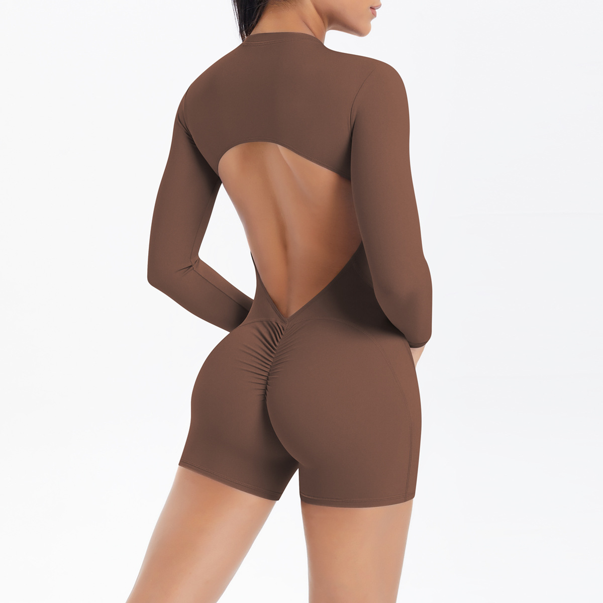 Women Mock Neck Long Sleeve Hollow Back Short Jumpsuit, High Neck Long Sleeve Big Hollow Cutout Back Tight Short Bodysuit 5 Colors,