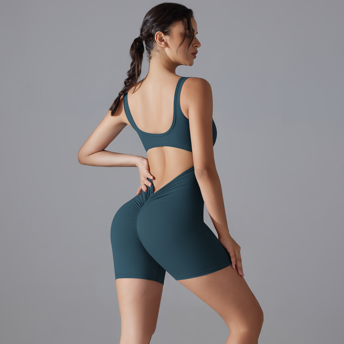 Women Square Tank Strap V Hollow Back Short Jumpsuit, U Square Neck Tank Cutout V Waist Back Tight Short Bodysuit 10 Colors, YFYS6668