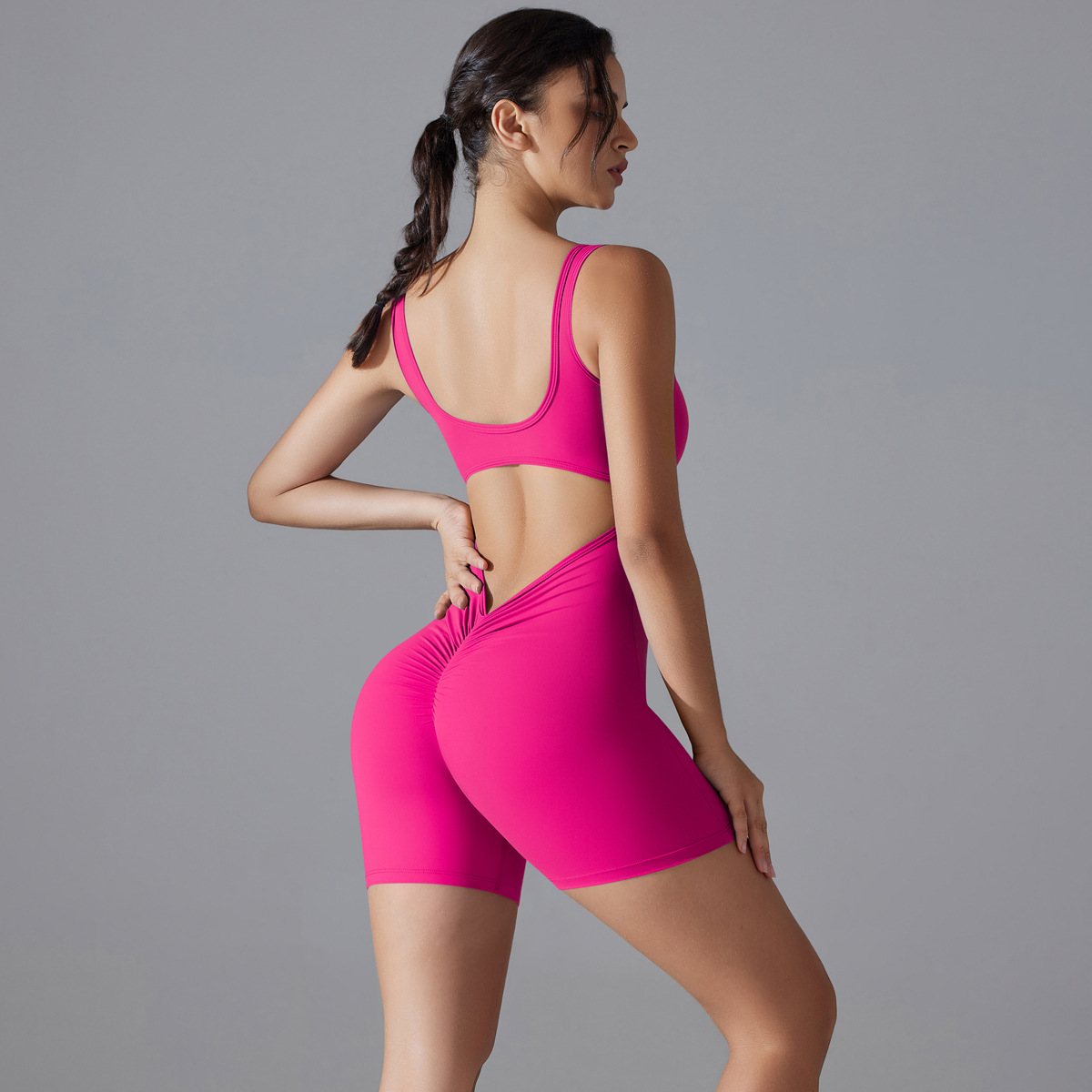 Women Square Tank Strap V Hollow Back Short Jumpsuit, U Square Neck Tank Cutout V Waist Back Tight Short Bodysuit 10 Colors, YFYS6668