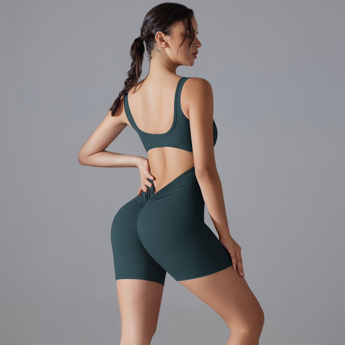 Women Square Tank Strap V Hollow Back Short Jumpsuit, U Square Neck Tank Cutout V Waist Back Tight Short Bodysuit 10 Colors, YFYS6668