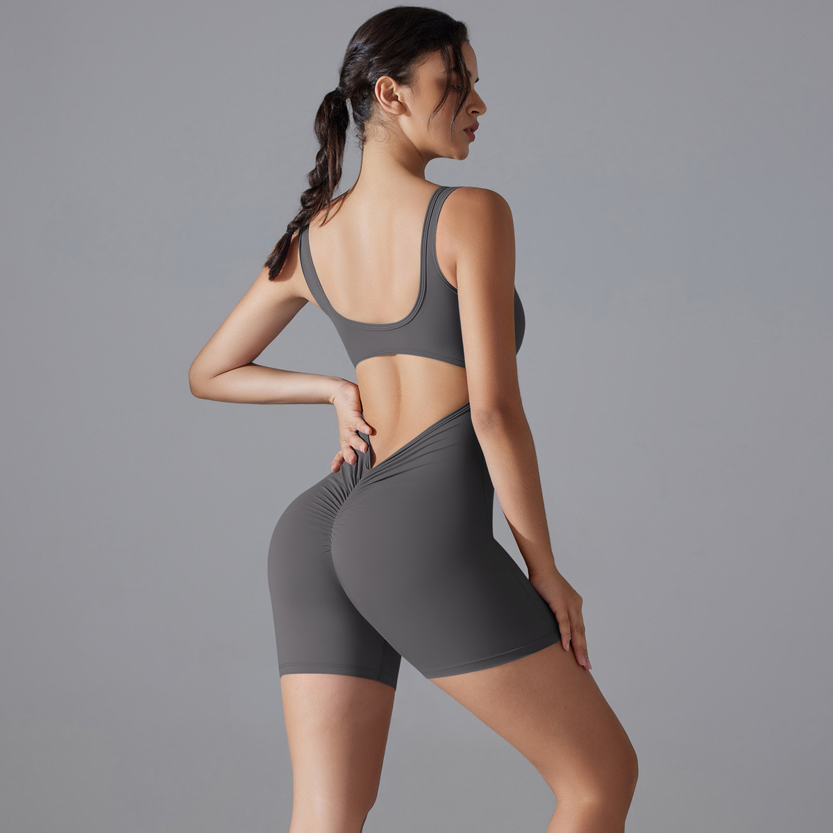 Women Square Tank Strap V Hollow Back Short Jumpsuit, U Square Neck Tank Cutout V Waist Back Tight Short Bodysuit 10 Colors, YFYS6668