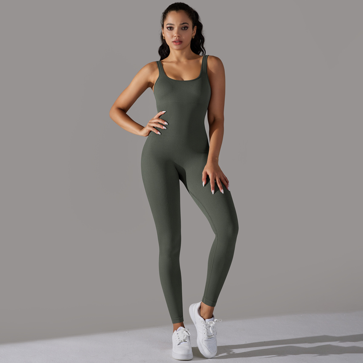 Women Wide Square Strap Ribbed Long Leg Jumpsuit, U Square Neck Wide Shoulder Strap Ribbed Tight Long Leg Bodysuit 7 Colors, YFYS6643
