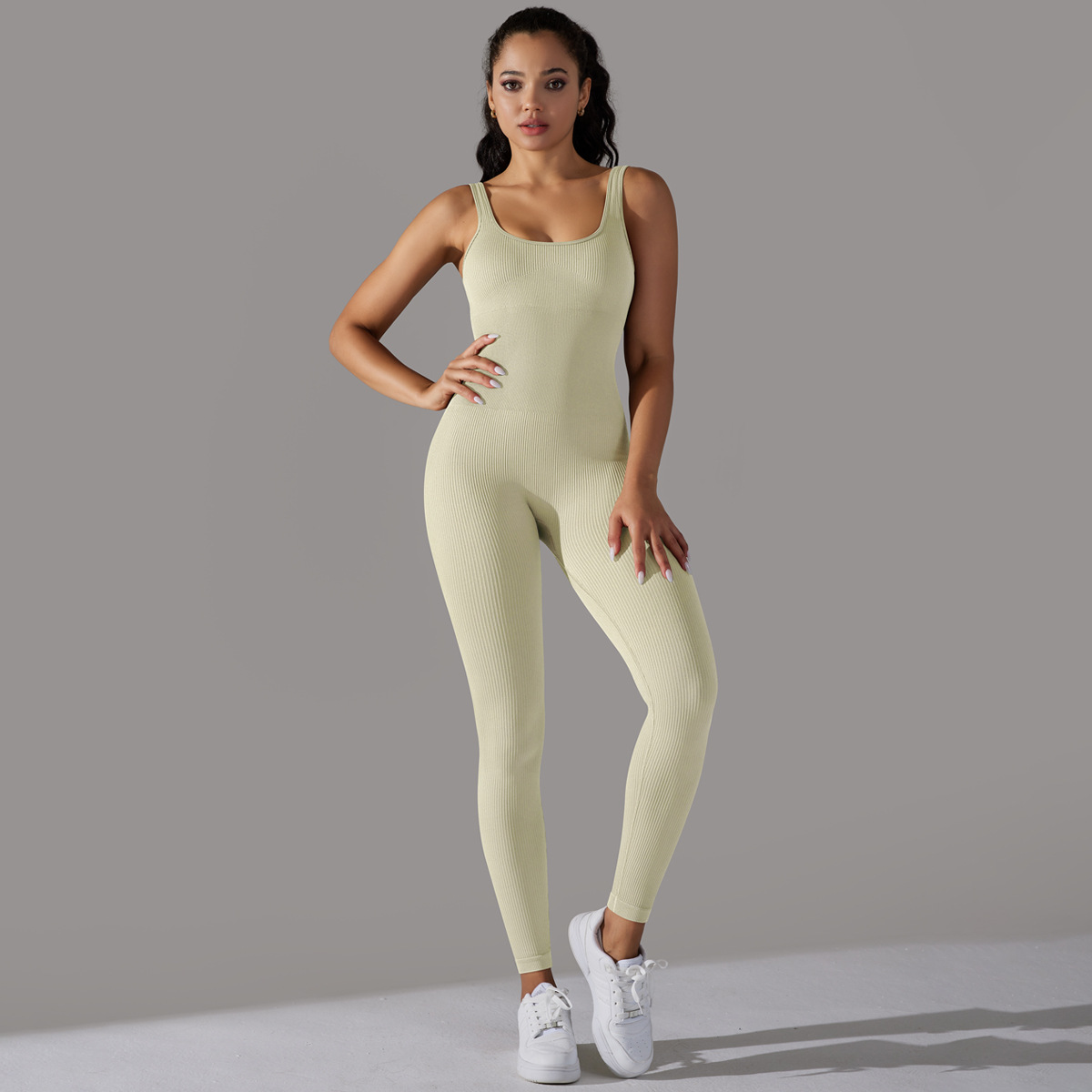 Women Wide Square Strap Ribbed Long Leg Jumpsuit, U Square Neck Wide Shoulder Strap Ribbed Tight Long Leg Bodysuit 7 Colors, YFYS6643