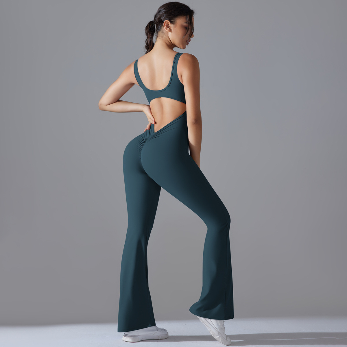 Women Wide Square Strap Hollow Back Flared Leg Jumpsuit, U Square Neck Wide Shoulder Strap Cutout Back Flared Long Leg Bodysuit 10 Colors, YFYS6667