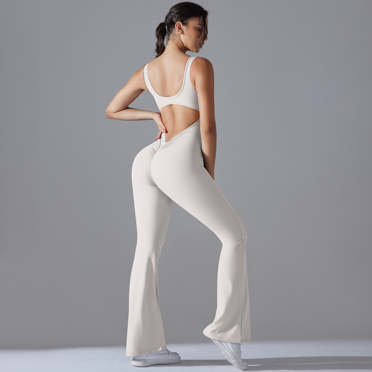 Women Wide Square Strap Hollow Back Flared Leg Jumpsuit, U Square Neck Wide Shoulder Strap Cutout Back Flared Long Leg Bodysuit 10 Colors, YFYS6667