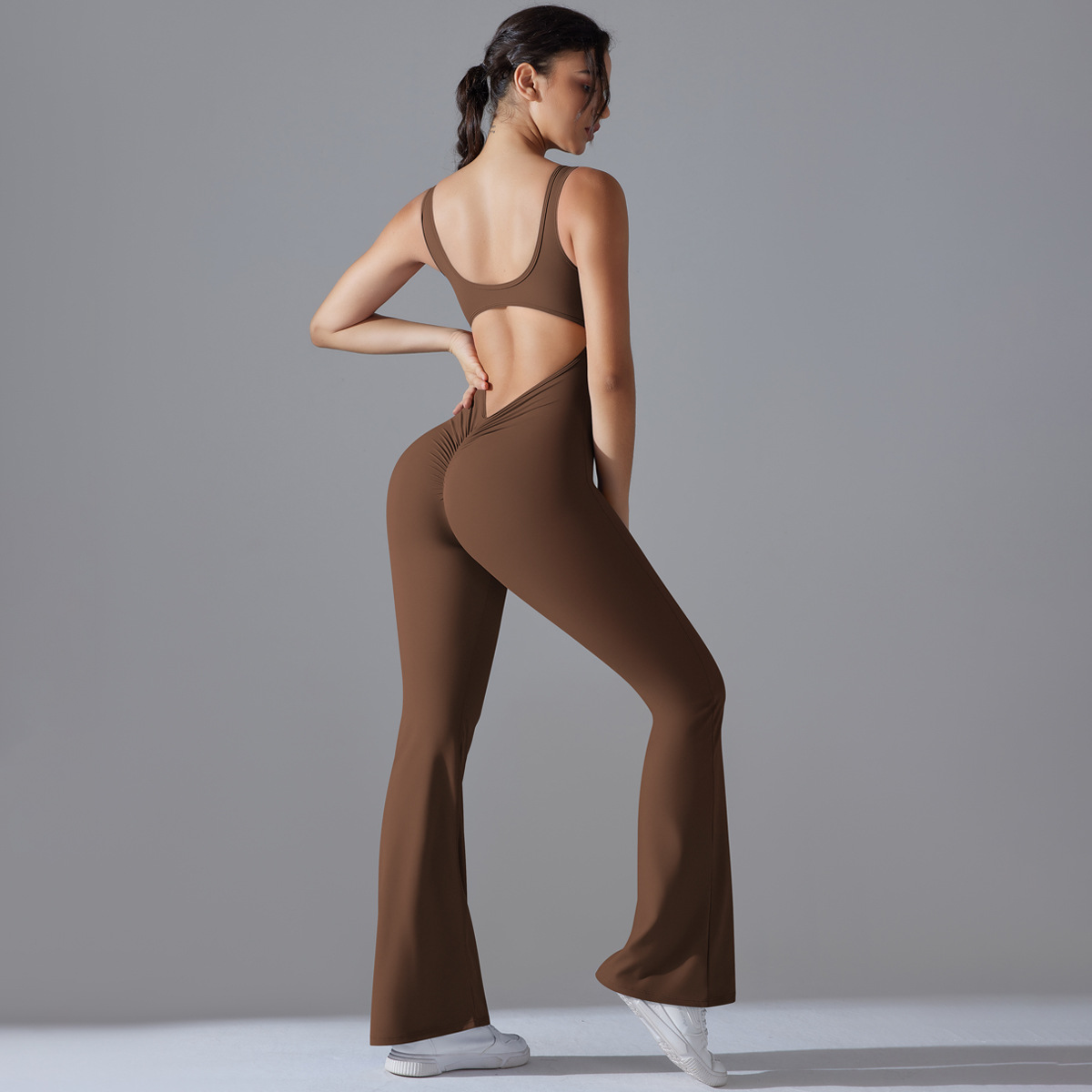Women Wide Square Strap Hollow Back Flared Leg Jumpsuit, U Square Neck Wide Shoulder Strap Cutout Back Flared Long Leg Bodysuit 10 Colors, YFYS6667