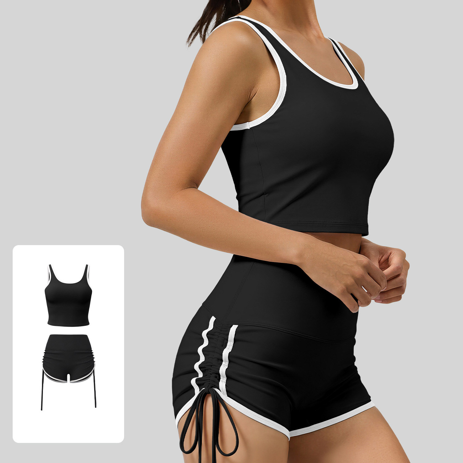 Women Contrast Binding Square Tank Drawstring Short Two Piece Workout Set, Contrast Trim U Neck Crop Tank Top + Side Drawstring High Waist Short Yoga Outfit 4 Colors, YFJYMB110+YFJYMA119