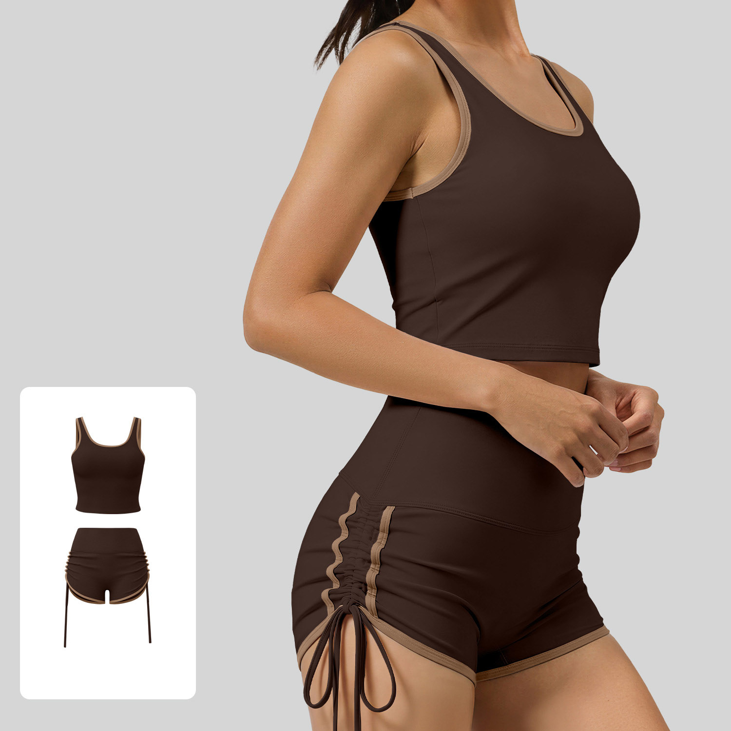 Women Contrast Binding Square Tank Drawstring Short Two Piece Workout Set, Contrast Trim U Neck Crop Tank Top + Side Drawstring High Waist Short Yoga Outfit 4 Colors, YFJYMB110+YFJYMA119