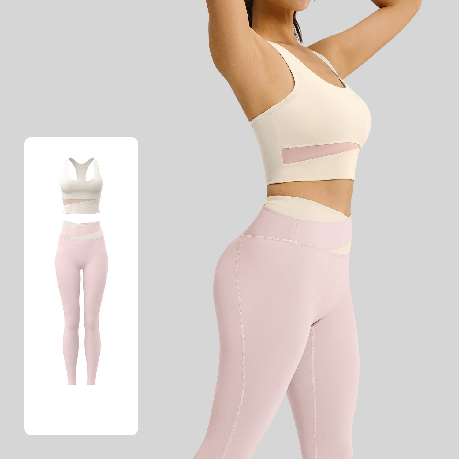 Women Color Block U Tank Cross Waist Long Leg Two Piece Yoga Set 12 Colors, Contrast Wrap Crop Sports Bra + Cross Colorblock High Waist Tight Leggings Multi Colors, YFJYMN004+YFJYMK002