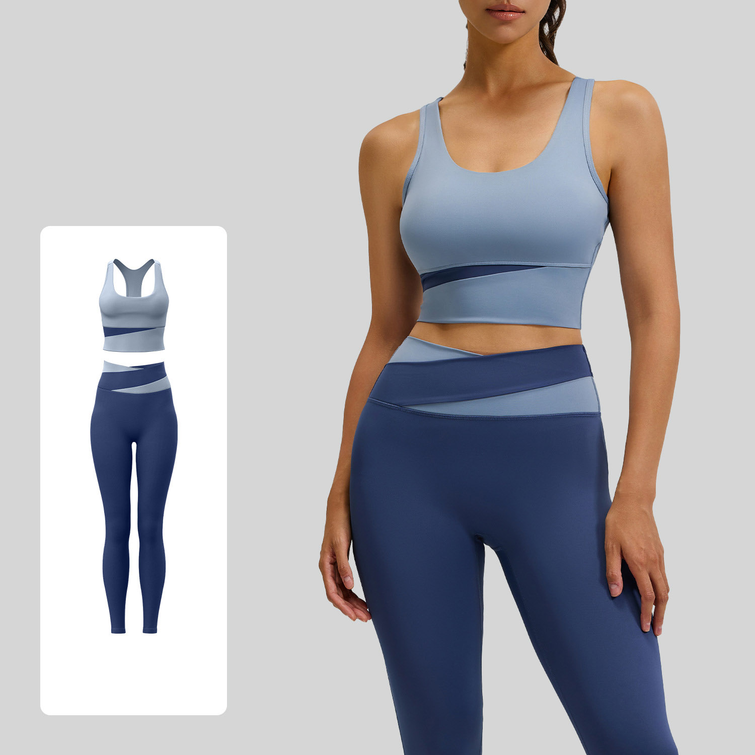 Women Color Block U Tank Cross Waist Long Leg Two Piece Yoga Set 12 Colors, Contrast Wrap Crop Sports Bra + Cross Colorblock High Waist Tight Leggings Multi Colors, YFJYMN004+YFJYMK002