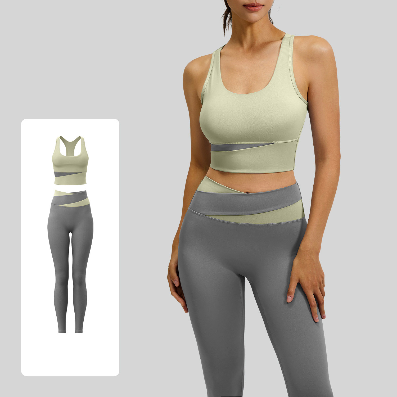 Women Color Block U Tank Cross Waist Long Leg Two Piece Yoga Set 12 Colors, Contrast Wrap Crop Sports Bra + Cross Colorblock High Waist Tight Leggings Multi Colors, YFJYMN004+YFJYMK002