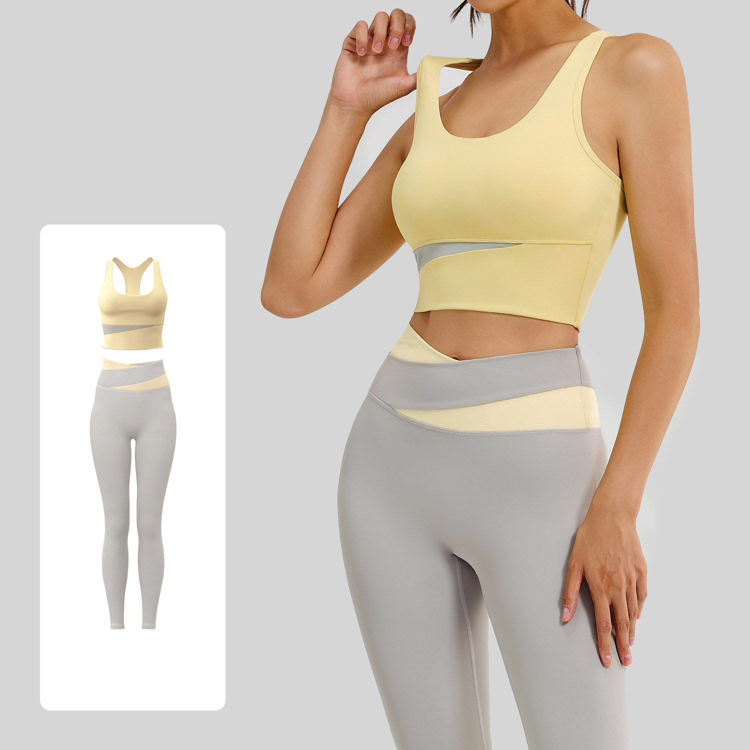Women Color Block U Tank Cross Waist Long Leg Two Piece Yoga Set 12 Colors, Contrast Wrap Crop Sports Bra + Cross Colorblock High Waist Tight Leggings Multi Colors, YFJYMN004+YFJYMK002