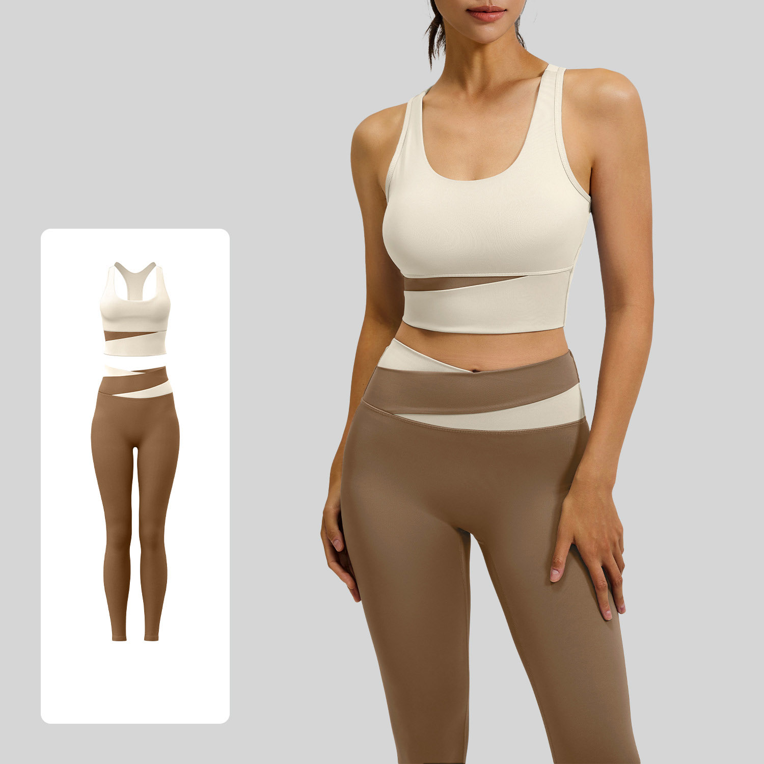 Women Color Block U Tank Cross Waist Long Leg Two Piece Yoga Set 12 Colors, Contrast Wrap Crop Sports Bra + Cross Colorblock High Waist Tight Leggings Multi Colors, YFJYMN004+YFJYMK002