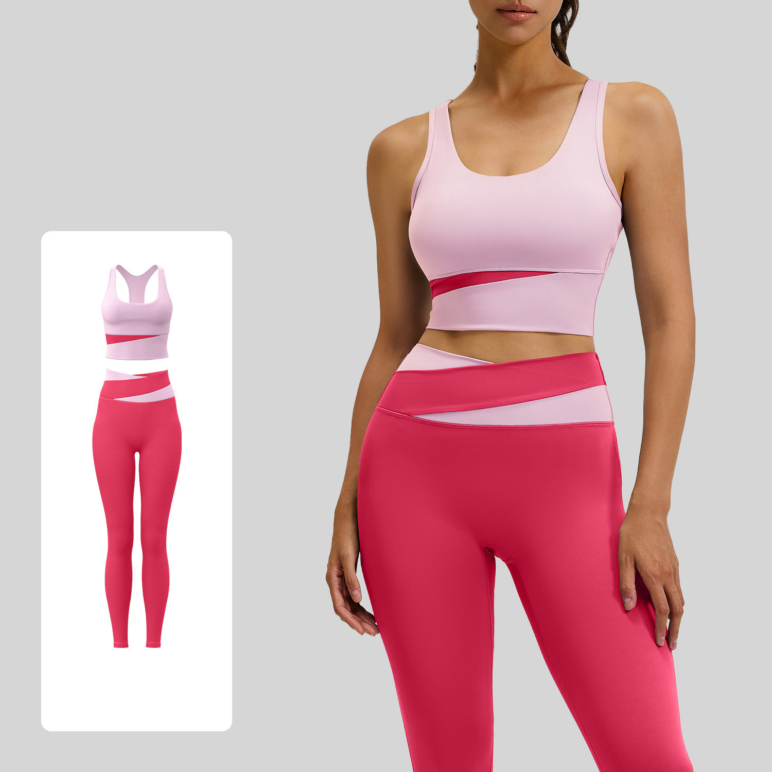 Women Color Block U Tank Cross Waist Long Leg Two Piece Yoga Set 12 Colors, Contrast Wrap Crop Sports Bra + Cross Colorblock High Waist Tight Leggings Multi Colors, YFJYMN004+YFJYMK002