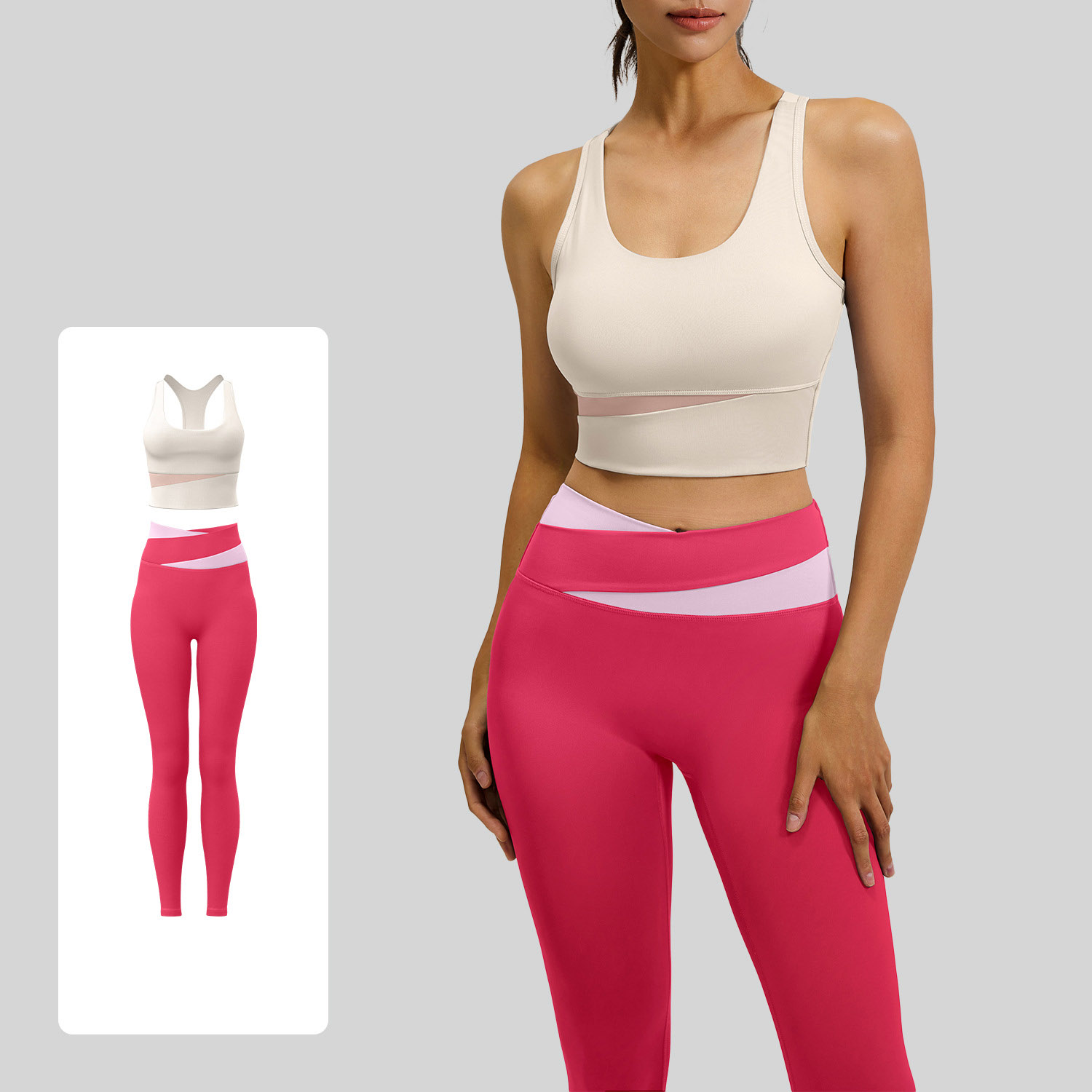 Women Color Block U Tank Cross Waist Long Leg Two Piece Yoga Set 12 Colors, Contrast Wrap Crop Sports Bra + Cross Colorblock High Waist Tight Leggings Multi Colors, YFJYMN004+YFJYMK002