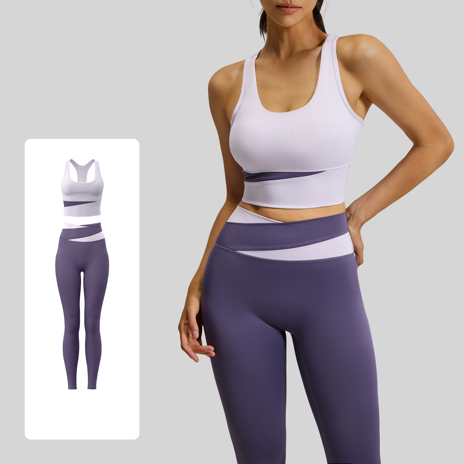 Women Color Block U Tank Cross Waist Long Leg Two Piece Yoga Set 12 Colors, Contrast Wrap Crop Sports Bra + Cross Colorblock High Waist Tight Leggings Multi Colors, YFJYMN004+YFJYMK002