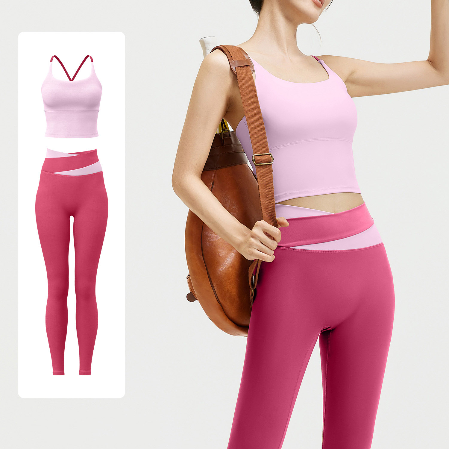 Women Contrast Strap Cross Waist Yoga Set, Sports Bra 8 Colors + Leggings 11 Colors, YFJYMB005+YFJYMK002