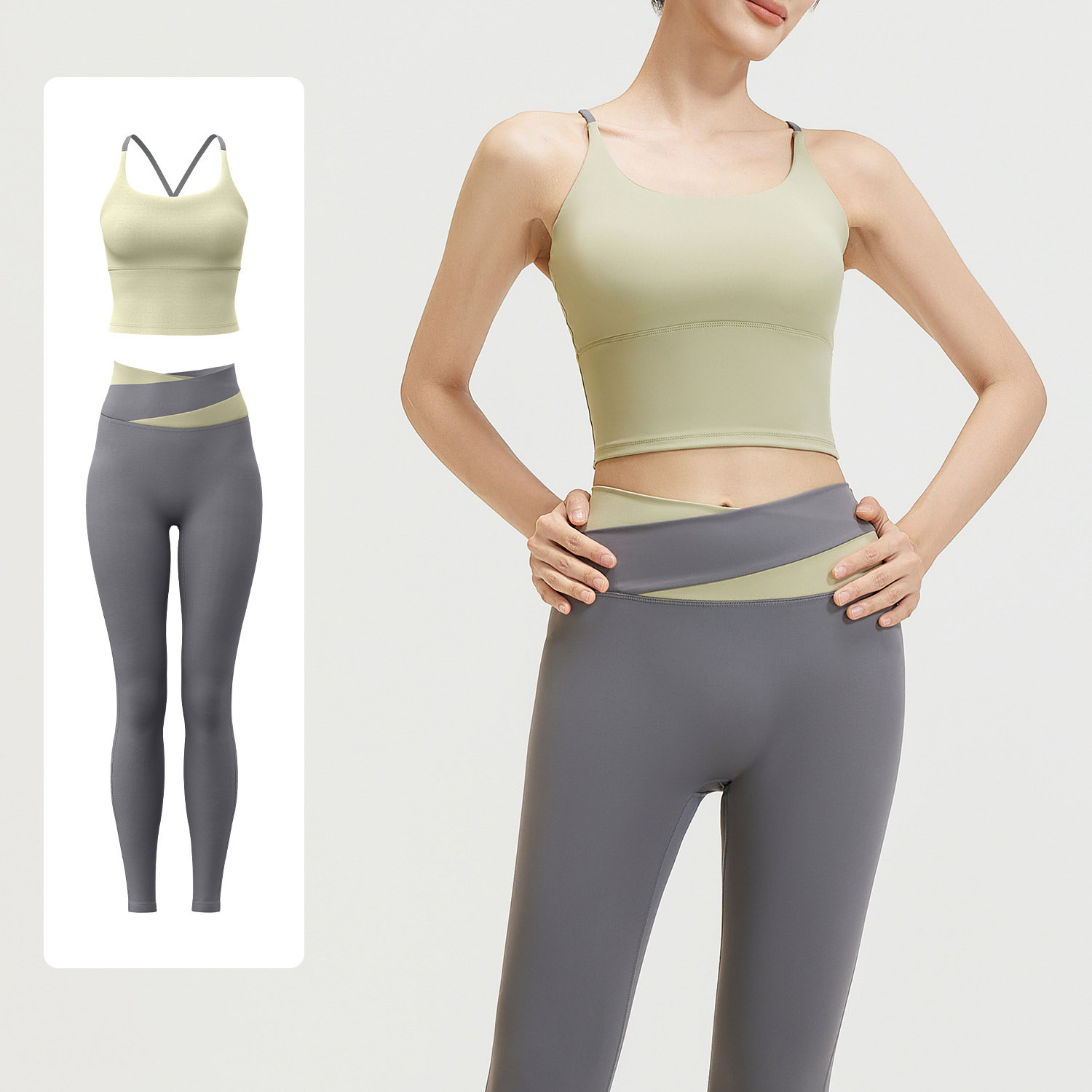 Women Contrast Strap Cross Waist Yoga Set, Sports Bra 8 Colors + Leggings 11 Colors, YFJYMB005+YFJYMK002