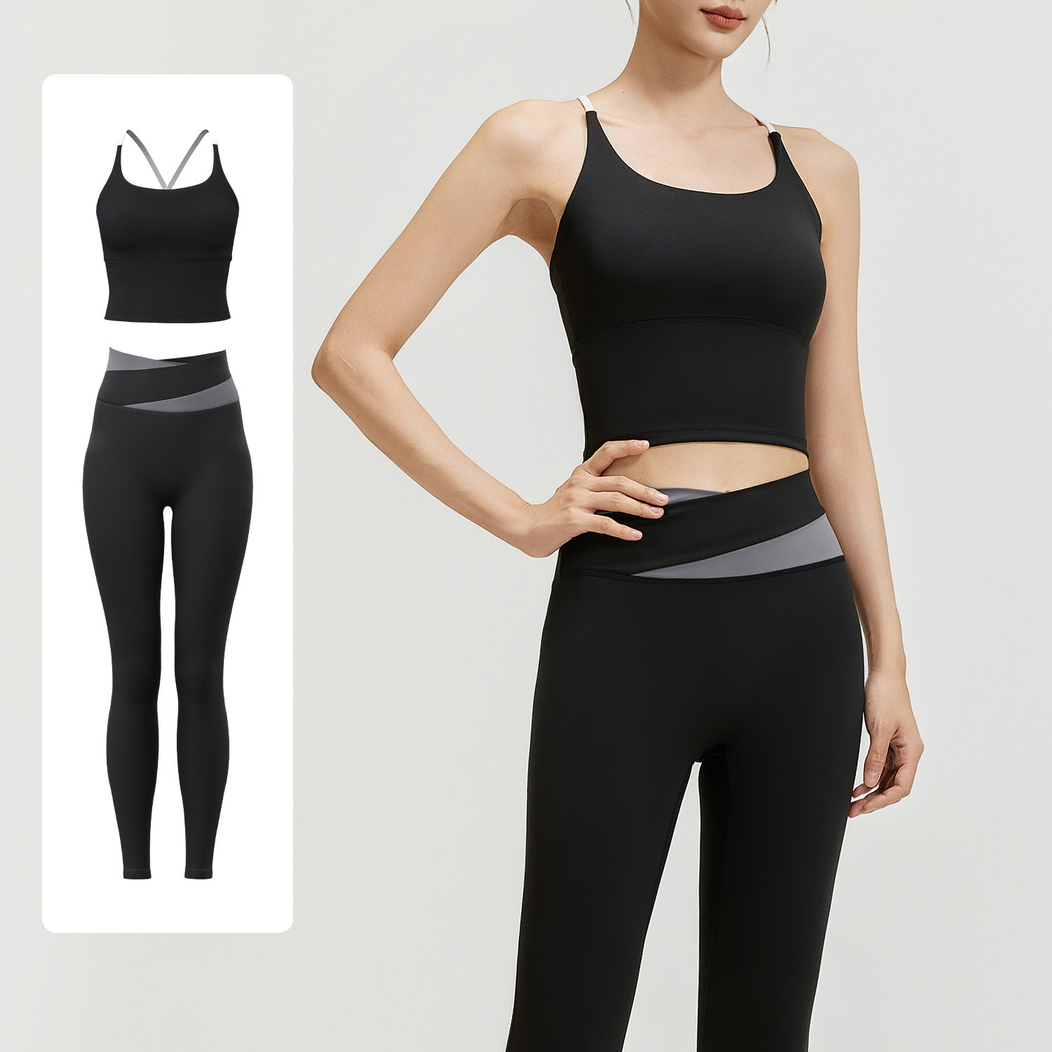 Women Contrast Strap Cross Waist Yoga Set, Sports Bra 8 Colors + Leggings 11 Colors, YFJYMB005+YFJYMK002