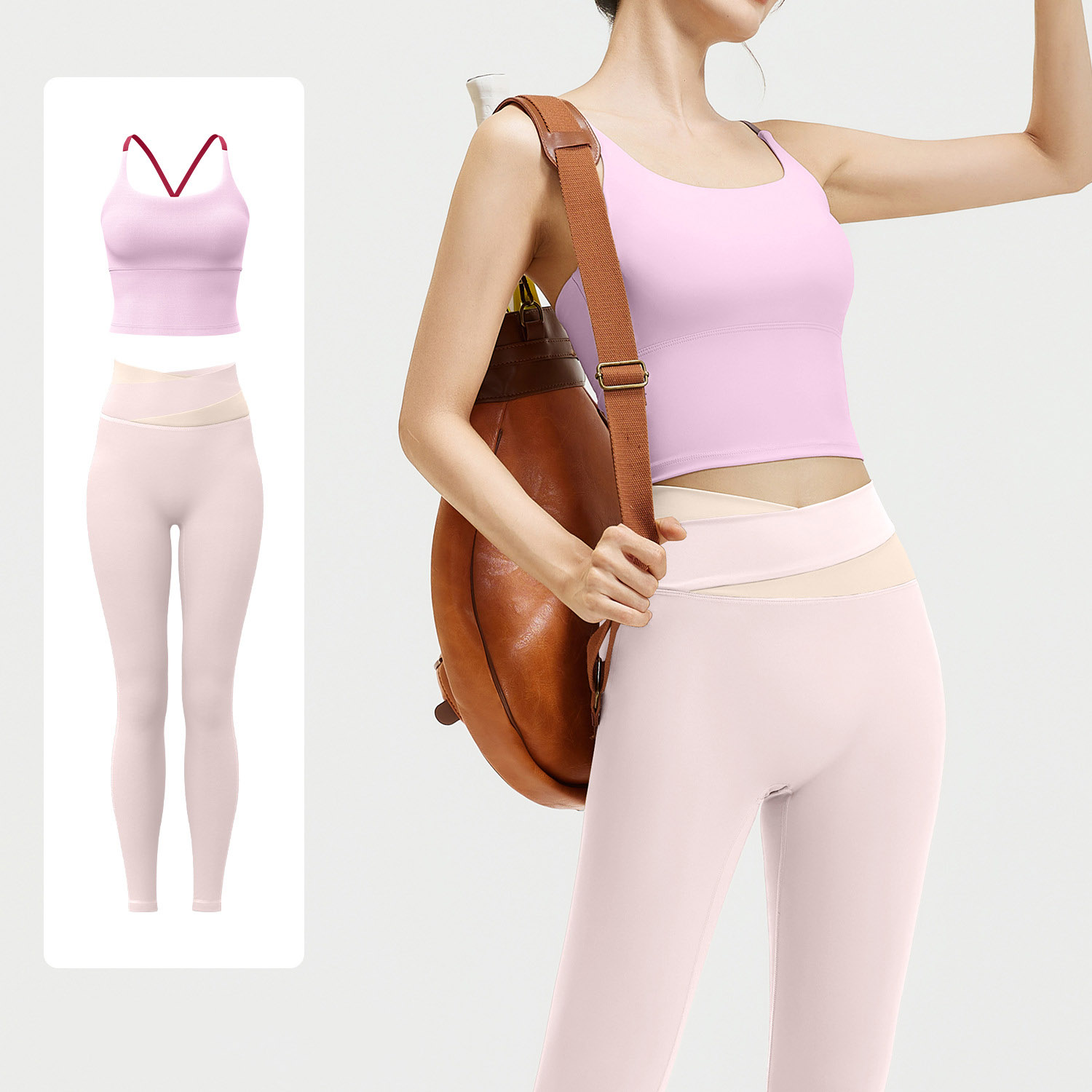 Women Contrast Strap Cross Waist Yoga Set, Sports Bra 8 Colors + Leggings 11 Colors, YFJYMB005+YFJYMK002