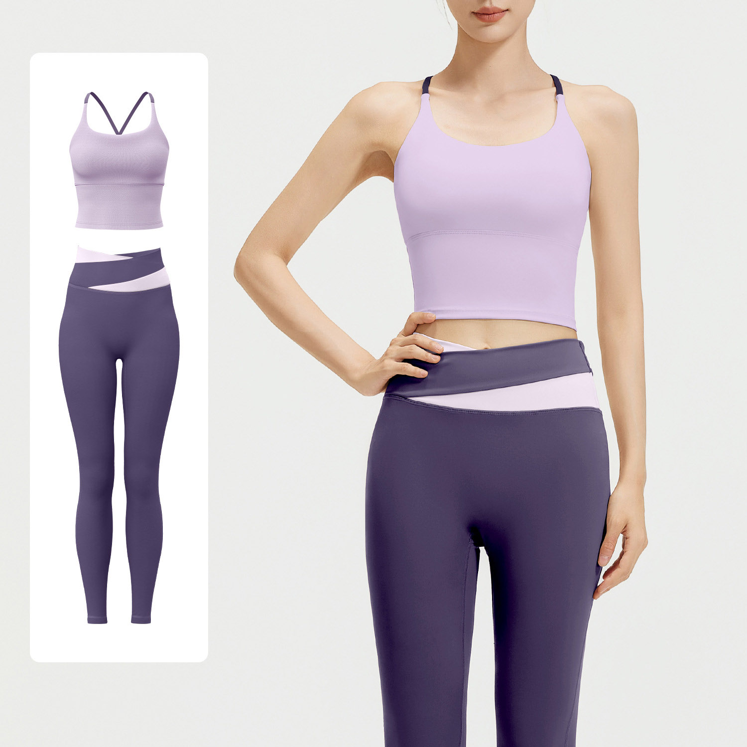 Women Contrast Strap Cross Waist Yoga Set, Sports Bra 8 Colors + Leggings 11 Colors, YFJYMB005+YFJYMK002